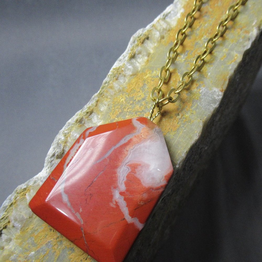 Bold Red Jasper Pendant, Quartz Crystal Matrix, 18 inches Asymmetrical